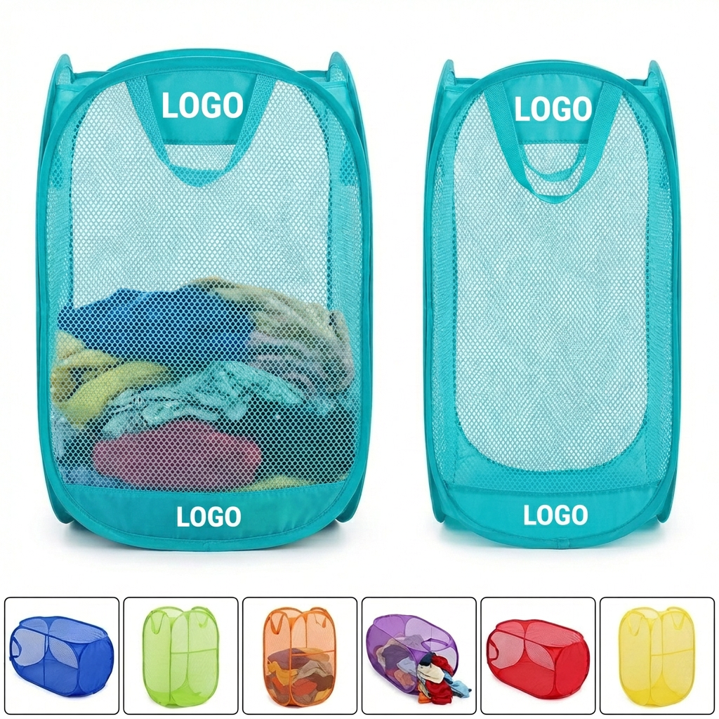 Pop-Up Breathable Mesh Laundry Hamper in Cyan Blue