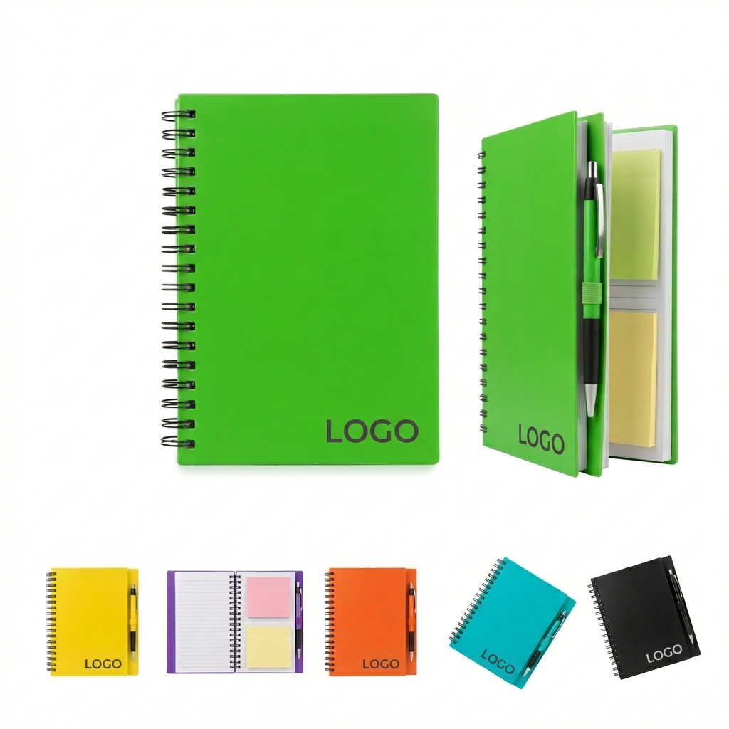 Vibrant Green Spiral Notebook Set with Pen & 20-Color Sticky Notes