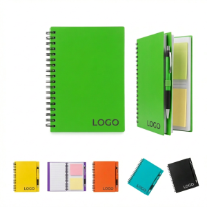 Vibrant Green Spiral Notebook Set with Pen & 20-Color Sticky Notes